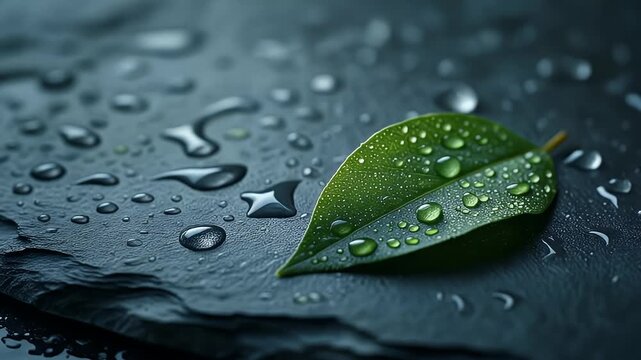 A lone green leaf lies on a dark wet surface, adorned with water droplets, captured in a close-up view, inspired by ripple effect
