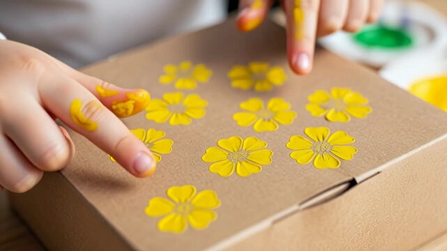 Child finger painting yellow flowers on a cardboard box against a craft room backdrop