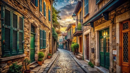 Fototapeta premium A photo of an old street lined with weathered buildings in Thessaloniki, Greece The cobblestone paths wind through the narrow alleys, casting long sh