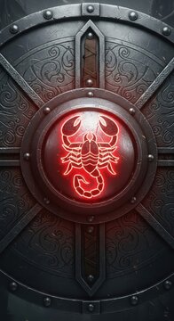 Ornate dark metallic shield features a glowing red scorpion emblem prominently displayed in the center.