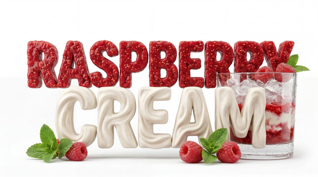 Raspberry cream 3d cocktail and letters with fresh berries and ice