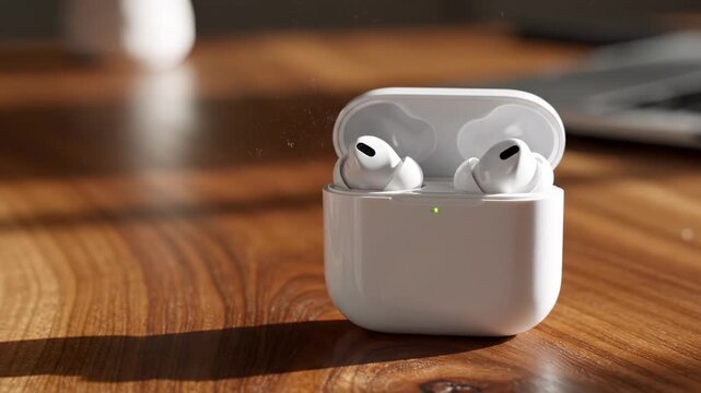 Apple AirPods Pro Charging Case on Wooden Table.