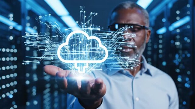 Cloud Computing Expert Holding Digital Cloud Symbol in Server Room.