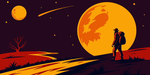 Astronomer silhouette with telescope watching planet at sunset landscape. Space exploration concept vector for discovery, research, science campaign and cosmic adventure themes. © yossi