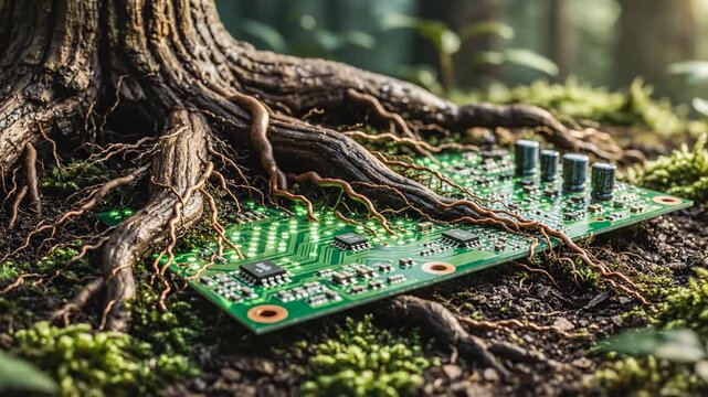 Electronic Circuit Board Resting on Tree Roots in Nature.