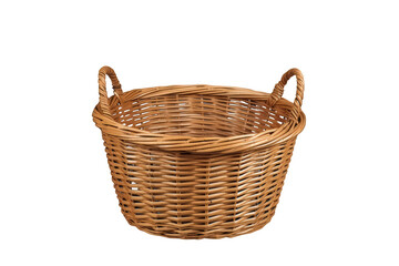 Fototapeta premium Wicker basket handcrafted from natural wood, featuring an empty interior and woven handles, ideal for various uses