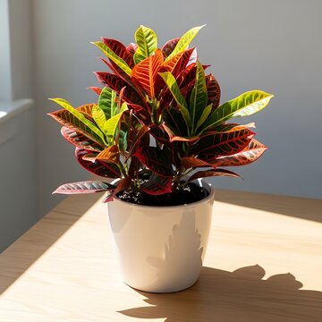 Vibrant croton plant in white ceramic pot on wooden table with natural sunlight leaves green red yellow