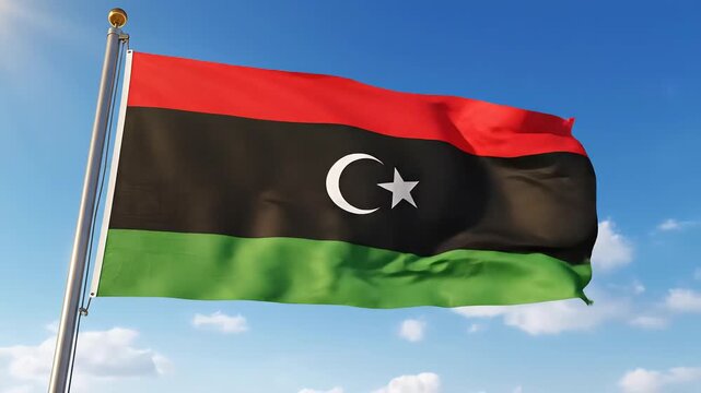 Libyan flag waving majestically in the bright blue sky with fluffy white clouds on a sunny day symbolizing national pride and freedom.