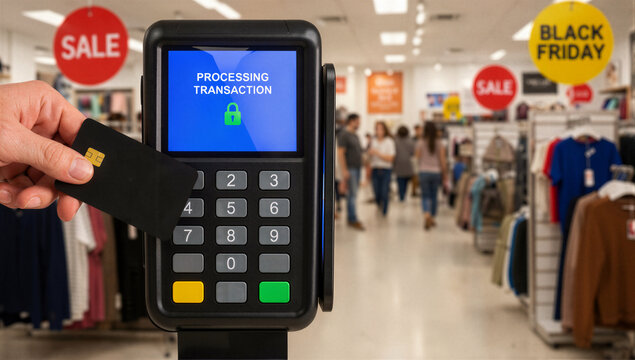 hand holding black credit card near payment terminal, store interior transactional photo with neutral tones and blue yellow accents