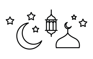 Islamic symbols like moon, stars, mosque, and lantern on white background