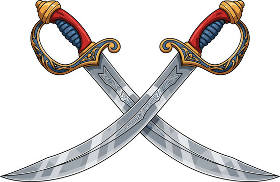 Pair of ornate crossed scimitars with curved steel blades, detailed golden hilts, and blue grips for historical, fantasy, or Middle Eastern themed designs.