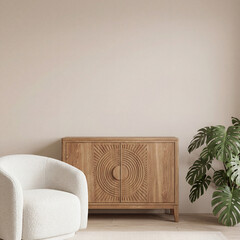 Scandinavian living room interior featuring wooden cabinet, neutral colors, and indoor plants. Modern home design with warm and natural atmosphere.3drender