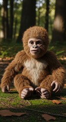 Obraz premium Small, furry primate creature sits attentively on mossy ground within a sunlit woodland environment