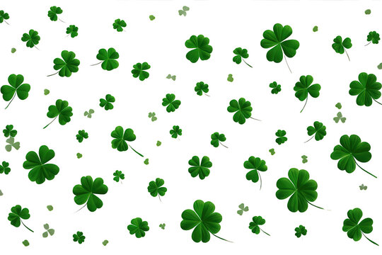 Flying lucky shamrock clover leaves pattern on transparent background representing good fortune and st. Patrick's day celebration