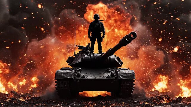 Tank Commander Stands Tall Amidst Explosions of War.