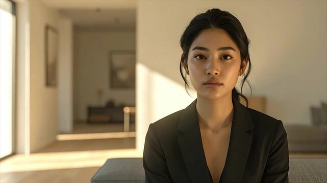 Portrait of a woman with dark hair in a suit, bathed in sunlight. Interior background