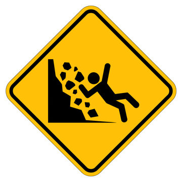 Rockfall warning sign with a person and falling rocks on yellow diamondshaped board