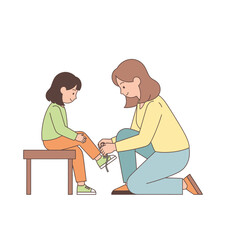 Fototapeta premium Mother Assisting Young Daughter with Shoe.