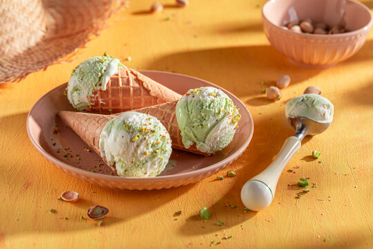 Homemade and tasty pistachio ice cream made of green nuts.