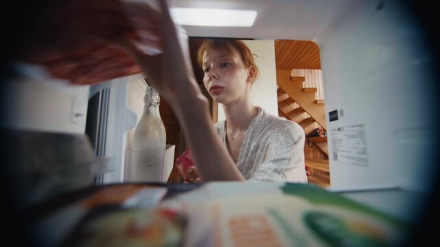 Young woman in a robe taking salami from the fridge