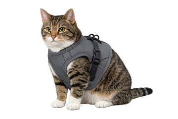 Fototapeta premium Tabby cat wearing grey harness looking at camera