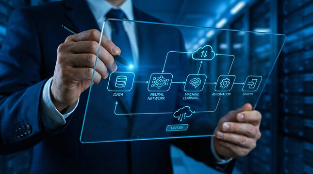 Businessman Managing Cloud Computing Network and Data Center Infrastructure