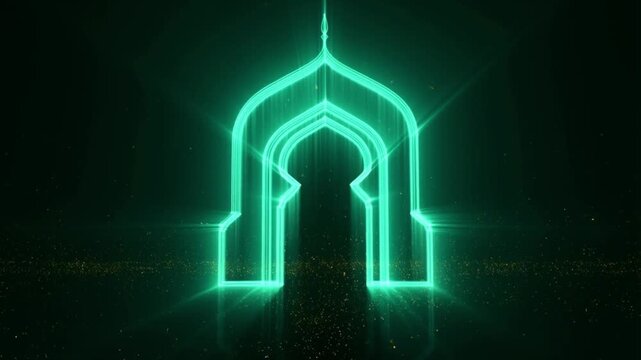 Volumetric emerald light shaping Islamic arch portal with floating golden particles