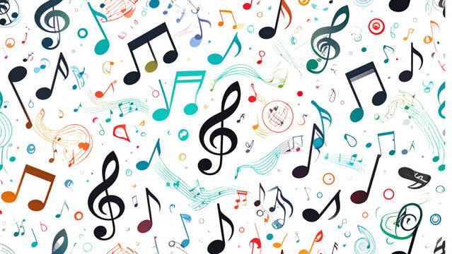 Music notes pattern, black musical symbols, treble clef icons, rhythm notes, vector design, melody elements, audio symbols, sound icons, seamless background texture