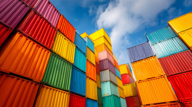 Colorful shipping containers stacked in a large port terminal under a blue sky. Bright industrial background showing global logistics, cargo transport, and international trade