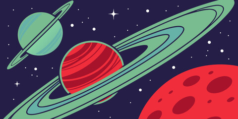 Multiple colorful planets floating in deep outer space. Modern flat vector illustration for astronomy concept, galaxy background, universe infographic and science design. © yossi