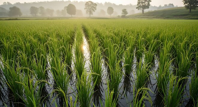 Serene rice paddy field with lush green plants in a misty landscape viewed from a low angle qq (150).jpg