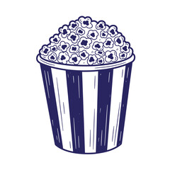 Blue of popcorn in striped bucket white background