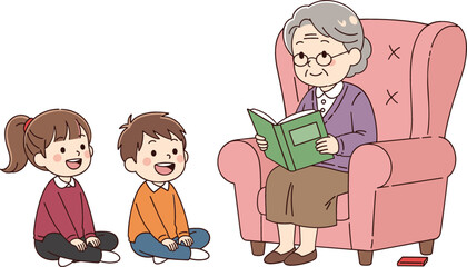 Flat vector illustration of an elderly grandmother sitting in a pink armchair reading a book to her grandson and granddaughter isolated on white background.