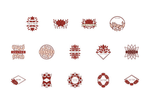 Beige Red Floral Linear Style Labels Illustration Design Set