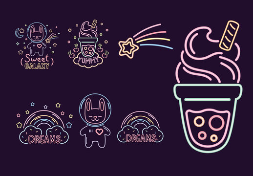 Neon Kawaii Illustration Design Set