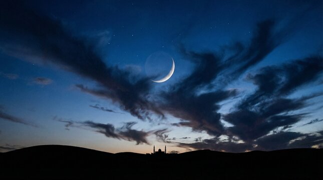 A serene prayer mat spread neatly in the living room under a crescent moon