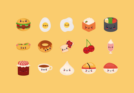 Cute Food Kawaii Illustration Set