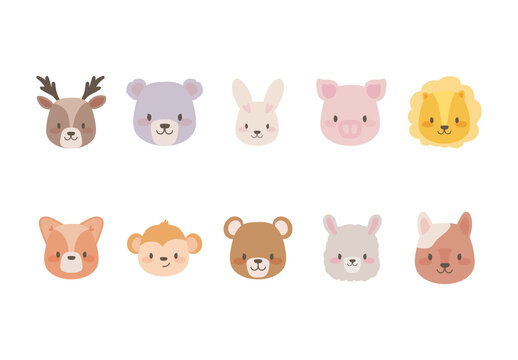 Cute Animal Faces Illustration Set