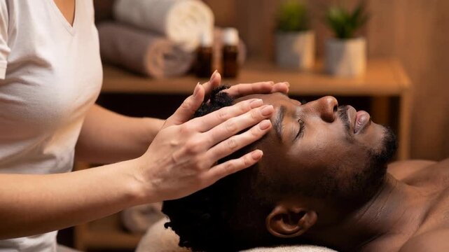 Young black man receiving relaxing scalp massage in luxury spa