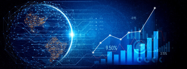 This image illustrates global data visualization featuring dynamic charts and graphs that reflect...
