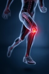 3D medical illustration of knee pain and joint injury in runner athlete, human leg anatomy showing inflammation and arthritis concept.