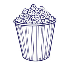 Of a bucket of popcorn in navy blue lines on white background food
