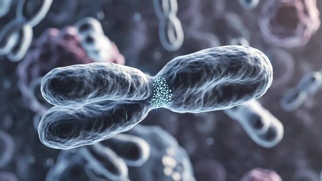 Microscopic view of human chromosomes the carriers of genetic information in a 3D rendered animation showing their complex structure and cellular environment.