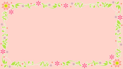 ピンク色の可愛い花と植物フレーム型背景