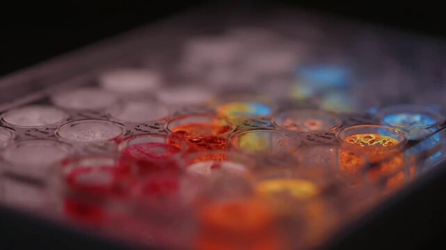 A close-up view of scientific research where organoid drug screening is performed on colorful samples within a microplate for pharmaceutical development.