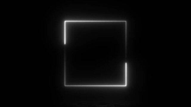 Glowing neon square with on black background animation. A white neon square glows in the dark. Neon frame square loading icon animation background video. neon square frame loading icon bckground