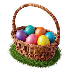 A brown wicker basket filled with colorful easter eggs on green grass isolated on transparent background