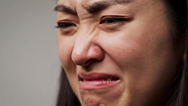 Closeup of a young womans face contorting in disgust or extreme displeasure showing wrinkled nose and squinting eyes conveying a strong negative emotion.