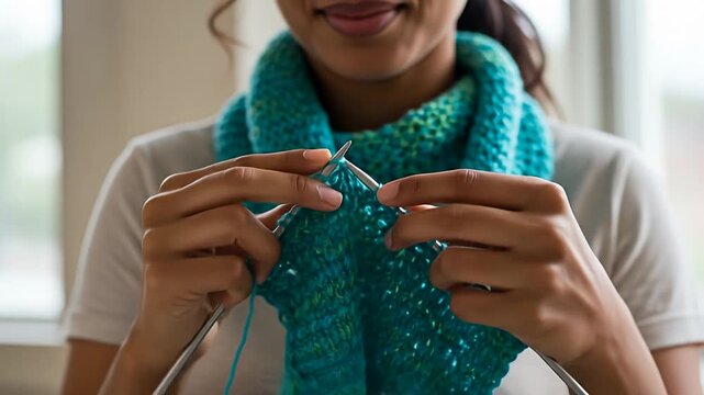 Cropped view of person knitting turquoise scarf indoors with knitting needles