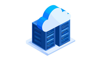 Isometric illustration of secure cloud computing infrastructure with server racks, symbolizing digital data storage, network processing, and modern technology solutions